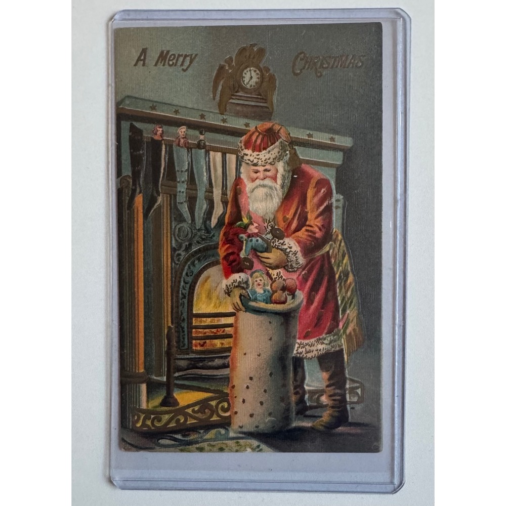 Antique 1910 Santa Claus Christmas Postcard Embossed Toys Fireplace 1c Stamp